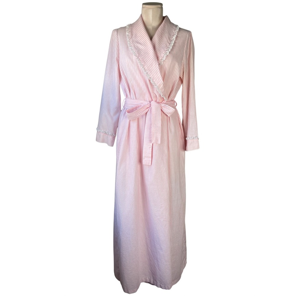 Vintage JC Penney Misses Robe Pink White Seersucker Stripe Lace Trim Long Small
